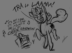 Size: 1200x887 | Tagged: safe, artist:snapai, oc, oc only, oc:avery, pony, unicorn, boombox, captain underpants, dancing, dialogue, eyes closed, gray background, grayscale, implied cheese sandwich, monochrome, music, music notes, open mouth, simple background, sketch, solo, tra la la