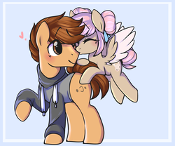 Size: 3000x2500 | Tagged: safe, artist:php172, oc, oc only, oc:bootman bill, oc:mimi bun, earth pony, pegasus, pony, blushing, clothes, colored wings, colored wingtips, couple, earth pony oc, eyes closed, female, female on male, floating heart, flying, hair bun, heart, high res, hoodie, kissing, larger male, male, malesub, mare, mare on stallion, nose kiss, pegasus oc, ribbon, shipping, size difference, smaller female, smiling, smol, stallion, straight