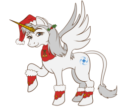 Size: 2481x2140 | Tagged: safe, derpibooru exclusive, oc, oc only, oc:white platinum, alicorn, classical unicorn, pony, unicorn, 2018 community collab, derpibooru community collaboration, alicorn oc, bells, christmas, clothes, cloven hooves, costume, hat, high res, holiday, holly, horn, leonine tail, raised hoof, ring, santa costume, santa hat, simple background, smiling, solo, transparent background, unshorn fetlocks