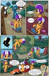 Size: 2030x3130 | Tagged: safe, artist:sirzi, scootaloo, earth pony, pegasus, pony, comic:talisman for a pony, g4, comic, female, filly, flying, helmet, high res, male, mare, mistaken identity, rainbow wig, scootaloo can fly, scooter, stallion, talisman