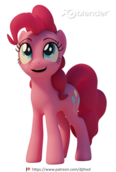 Size: 1384x2048 | Tagged: safe, artist:therealdjthed, pinkie pie, earth pony, pony, g4, 3d, 3d model, blender, blender cycles, cute, cycles render, female, happy, looking up, mare, model:djthed, patreon, patreon logo, simple background, smiling, solo, transparent background