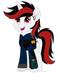 Size: 4856x5888 | Tagged: safe, artist:sgtsanttu, artist:sirhcx, artist:suramii, oc, oc only, oc:blackjack, pony, unicorn, fallout equestria, fallout equestria: project horizons, absurd resolution, clothes, female, mare, movie accurate, open mouth, simple background, smiling, solo, style emulation, transparent background