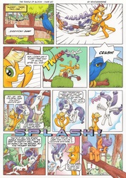 Size: 3495x4895 | Tagged: safe, artist:xeviousgreenii, applejack, rarity, scootaloo, earth pony, hyacinth macaw, macaw, pony, unicorn, comic:the temple of bloom, g4, absurd resolution, comic, female, forest, magic, mare, mud, saddle bag, traditional art, tree