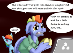 Size: 2338x1700 | Tagged: safe, artist:thebadgrinch, bow hothoof, rainbow dash, pony, fanfic:my little dashie, g4, computer, crying, dumbass, father and child, father and daughter, female, laptop computer, male, uhh, unshorn fetlocks
