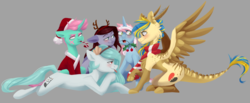 Size: 1718x710 | Tagged: safe, artist:chibadeer, oc, oc only, oc:autumn rhapsody, oc:ileana, oc:steppe eagle, dracony, earth pony, hybrid, kirin, pony, unicorn, candy, candy cane, christmas, food, gray background, hat, holiday, santa hat, simple background