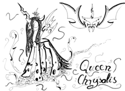 Size: 2450x1780 | Tagged: safe, artist:nightpaint12, queen chrysalis, changeling, changeling queen, g4, black and white, female, grayscale, monochrome, solo, traditional art