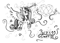 Size: 2430x1760 | Tagged: safe, artist:nightpaint12, princess cadance, alicorn, pony, g4, black and white, female, flying, grayscale, heart, magic, mare, monochrome, mother, smiling, solo, spread wings, traditional art, wings