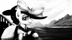 Size: 2000x1125 | Tagged: safe, artist:blackligerth, editor:eagle1division, rarity, pony, unicorn, g4, ppov, black and white, clothes, costume, female, grayscale, hat, monochrome, ocean, old photo, old timey, raristocrat, rose dewitt bukater, solo, titanic
