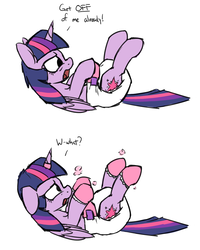 Size: 1200x1500 | Tagged: safe, artist:skitter, twilight sparkle, alicorn, pony, g4, 2 panel comic, booties, comic, cursed, diaper, female, floppy ears, horn, horn ring, magic suppression, non-baby in diaper, poofy diaper, simple background, solo, twilight sparkle (alicorn), white background