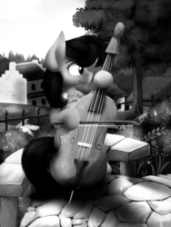 Size: 1500x2000 | Tagged: safe, artist:blackligerth, editor:eagle1division, octavia melody, earth pony, pony, g4, black and white, bow (instrument), cello, cello bow, digital art, female, garden, grayscale, monochrome, musical instrument, old photo, old timey, solo, town