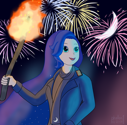 Size: 2041x2000 | Tagged: safe, artist:phallen1, princess luna, human, g4, clothes, duran duran, female, fire, fireworks, high res, humanized, jacket, luna day, moon, music video reference, new moon on monday, scarf, solo, song reference, torch