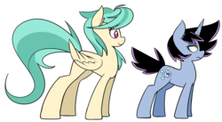 Size: 1135x624 | Tagged: source needed, safe, artist:reiduran, oc, oc only, oc:corona flare, oc:ostria chime, pegasus, pony, unicorn, ask, ear fluff, female, mare, simple background, size difference, smiling, tumblr, white background