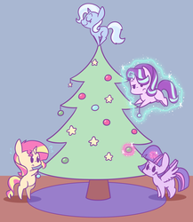 Size: 1375x1584 | Tagged: safe, artist:typhwosion, starlight glimmer, sunset shimmer, trixie, twilight sparkle, alicorn, pony, unicorn, g4, bipedal, bipedal leaning, chibi, christmas, christmas tree, counterparts, cute, decorating, diatrixes, female, glimmerbetes, glowing horn, group, holiday, horn, leaning, levitation, magic, magical quartet, mare, quartet, shimmerbetes, spread wings, telekinesis, tree, twiabetes, twilight sparkle (alicorn), twilight's counterparts, wings