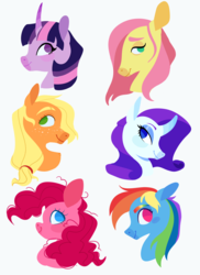 Size: 2700x3700 | Tagged: safe, artist:thebirbdraws, applejack, fluttershy, pinkie pie, rainbow dash, rarity, twilight sparkle, g4, blush sticker, blushing, bust, curved horn, female, floppy ears, high res, horn, lidded eyes, mane six, mare, missing accessory, no catchlights, no pupils, profile, simple background, smiling, white background