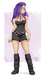 Size: 1200x2050 | Tagged: safe, artist:ponut_joe, rarity, human, g4, alternate hairstyle, bare shoulders, beautiful, boots, clothes, dress, female, high heel boots, humanized, knee-high boots, looking away, minidress, miniskirt, shoes, skirt, sleeveless, solo, strapless, thighs