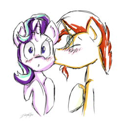 Size: 1168x1168 | Tagged: safe, artist:imaplatypus, starlight glimmer, sunburst, pony, unicorn, g4, blushing, cute, eyes closed, female, glimmerbetes, kissing, male, mare, ship:starburst, shipping, sketch, smooch, stallion, straight, surprise kiss, surprised