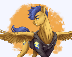 Size: 1500x1200 | Tagged: safe, artist:makkah, flash sentry, pegasus, pony, g4, clothes, equestria girls ponified, flash hunktry, hoodie, looking at you, male, ponified, smiling, solo, spread wings, stallion