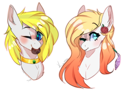 Size: 2000x1600 | Tagged: safe, artist:skimea, oc, oc only, oc:cadent light, oc:ember (cinnamontee), pegasus, pony, blonde, bust, cookie, female, food, male, mare, mouth hold, one eye closed, portrait, simple background, stallion, transparent background, wink