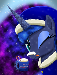 Size: 1440x1895 | Tagged: safe, artist:lifesharbinger, princess luna, alicorn, pony, g4, bust, candy, candy cane, ethereal mane, female, food, galaxy mane, mug, one eye closed, portrait, snow, snowfall, solo, tongue out, wink