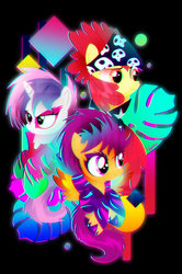 Size: 1996x3005 | Tagged: safe, artist:ii-art, apple bloom, scootaloo, sweetie belle, earth pony, pegasus, pony, unicorn, g4, clothes, cutie mark crusaders, female, filly, outrun, show stopper outfits, smiling, synthwave, vaporwave