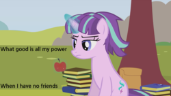 Size: 1920x1080 | Tagged: safe, artist:agrol, edit, starlight glimmer, pony, unicorn, you must remember, g4, apple, bag, book, female, food, glowing horn, horn, magic, solo, teenage glimmer, teenager, text, tree, younger, youtube link
