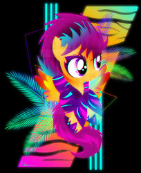 Size: 600x734 | Tagged: safe, artist:ii-art, scootaloo, pony, g4, chromatic aberration, clothes, female, filly, outrun, show stopper outfits, smiling, solo, synthwave, vaporwave