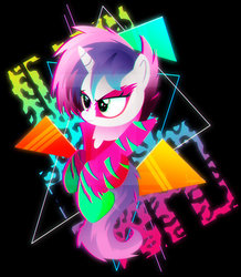 Size: 600x689 | Tagged: safe, artist:ii-art, sweetie belle, pony, unicorn, g4, chromatic aberration, clothes, female, filly, outrun, show stopper outfits, smiling, solo, synthwave, vaporwave