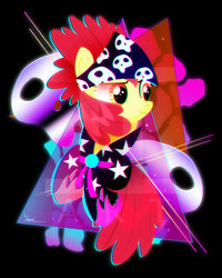 Size: 600x750 | Tagged: safe, artist:ii-art, apple bloom, earth pony, pony, g4, bandana, chromatic aberration, clothes, female, filly, outrun, show stopper outfits, smiling, solo, synthwave, vaporwave