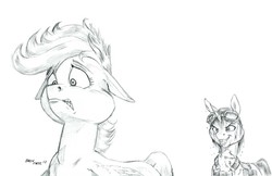 Size: 1616x1046 | Tagged: safe, artist:baron engel, oc, oc only, oc:broken razor, pony, unicorn, female, goggles, grayscale, grin, mare, monochrome, simple background, sketch, smiling, story in the source, traditional art, white background