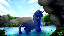 Size: 1920x1080 | Tagged: safe, artist:dashy21, princess luna, alicorn, pony, female, folded wings, mare, river, sky, solo, water, waterfall, wet, wet mane