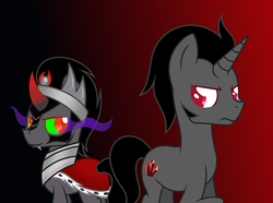 Size: 1613x1203 | Tagged: safe, king sombra, pony, unicorn, g4, armor, cape, clothes, curved horn, fangs, glowing eyes, horn, male, self ponidox, sombra eyes