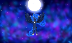 Size: 1280x768 | Tagged: safe, artist:tlmoonguardian, princess luna, pony, g4, clothes, crown, female, glowing, glowing horn, horn, jewelry, magic, moon, night, peytral, regalia, shiny, shoes, sky, solo, stars, wings