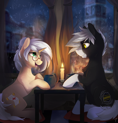 Size: 916x956 | Tagged: safe, artist:tangomangoes, oc, oc only, earth pony, pony, unicorn, fallout equestria, candle, candlelight, commission, duo, female, glasses, male, mare, mug, night, scenery, snow, stallion, talking, town, winter
