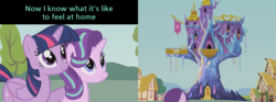 Size: 3820x1420 | Tagged: safe, artist:agrol, edit, starlight glimmer, twilight sparkle, alicorn, pony, unicorn, you must remember, g4, castle, cottage, female, hug, looking up, ponyville, smiling, text, tree, twilight sparkle (alicorn), twilight's castle