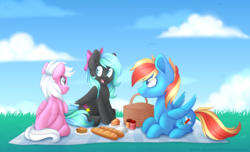 Size: 800x487 | Tagged: safe, artist:scarlet-spectrum, oc, oc only, oc:feather dust, oc:flamelight dash, oc:starfire, pegasus, pony, basket, bow, bread, cheese, cloud, commission, female, food, hair bow, male, mare, picnic, picnic basket, picnic blanket, sky, smiling, stallion