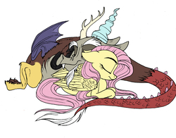 Size: 5088x3996 | Tagged: safe, artist:celestial-rainstorm, discord, fluttershy, pony, g4, absurd resolution, cuddling, eyes closed, female, folded wings, male, prone, ship:discoshy, shipping, simple background, straight, white background, wings