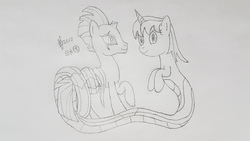 Size: 4032x2268 | Tagged: safe, artist:parclytaxel, tempest shadow, oc, oc:parcly taxel, lamia, original species, pony, unicorn, ain't never had friends like us, albumin flask, parcly taxel in japan, g4, my little pony: the movie, coils, female, horn, horn ring, japan, lineart, mare, monochrome, osaka, pencil drawing, raised hoof, slit pupils, smiling, species swap, story included, traditional art, transformation