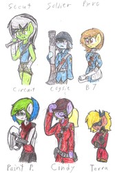 Size: 5562x8344 | Tagged: safe, artist:binary6, oc, oc only, oc:alloy cog, oc:binary7, oc:cindy, oc:circuit, oc:paint palette, oc:terra, anthro, absurd resolution, pyro (tf2), scout (tf2), soldier, soldier (tf2), team fortress 2, traditional art