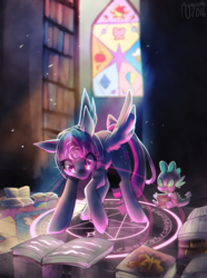Size: 1807x2434 | Tagged: safe, artist:spacecolonie, spike, twilight sparkle, alicorn, dragon, pony, g4, book, bookshelf, crepuscular rays, female, food, ice cream, magic, magic circle, male, mare, stained glass, starry eyes, twilight sparkle (alicorn), wingding eyes