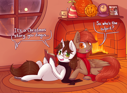 Size: 2760x2016 | Tagged: safe, artist:dsp2003, oc, oc only, oc:tai, oc:winterlight, pegasus, pony, unicorn, annoyed, book, chibi, christmas, clock, clothes, comic, fireplace, high res, holiday, male, mug, open mouth, photo, rug, scarf, single panel, style emulation, tailight