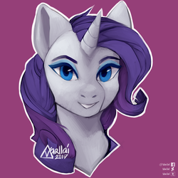 Size: 1500x1500 | Tagged: safe, artist:varllai, rarity, pony, unicorn, g4, bust, female, mare, portrait, purple background, simple background, smiling, solo
