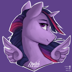 Size: 1500x1500 | Tagged: safe, artist:varllai, twilight sparkle, alicorn, pony, g4, bust, female, floating wings, head, horn, mare, portrait, profile, purple background, simple background, smiling, solo, twilight sparkle (alicorn), wings