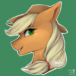 Size: 1500x1500 | Tagged: safe, artist:varllai, applejack, earth pony, pony, g4, bust, female, green background, hat, mare, portrait, profile, simple background, smiling, solo
