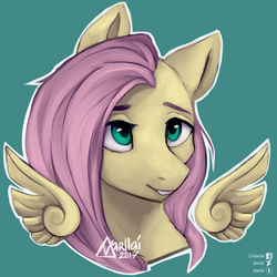 Size: 1500x1500 | Tagged: safe, artist:varllai, fluttershy, pegasus, pony, g4, bust, female, green background, head, mare, portrait, simple background, smiling, solo, wings