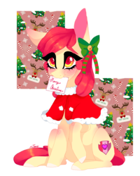 Size: 1024x1280 | Tagged: safe, artist:jgreti, apple bloom, earth pony, pony, g4, blushing, card, christmas, female, filly, holiday, mouth hold, solo