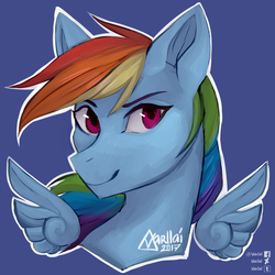 Size: 1500x1500 | Tagged: safe, artist:varllai, rainbow dash, pegasus, pony, g4, blue background, bust, female, floating wings, mare, portrait, signature, simple background, smiling, solo