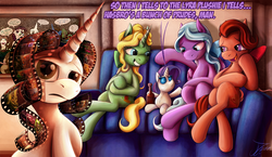 Size: 1250x725 | Tagged: safe, artist:jamescorck, dear darling, fond feather, rarity, swoon song, oc, oc:movie slate, pony, unicorn, g4, bimbettes, dialogue, female, mare, plushie, ted
