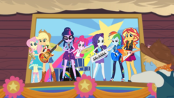 Size: 1920x1080 | Tagged: safe, screencap, applejack, fluttershy, pinkie pie, rainbow dash, rarity, sci-twi, sunset shimmer, twilight sparkle, equestria girls, equestria girls series, g4, road trippin, bass guitar, drums, female, flying v, geode of empathy, geode of fauna, geode of shielding, geode of sugar bombs, geode of super speed, geode of super strength, geode of telekinesis, guitar, humane five, humane seven, humane six, keytar, magical geodes, musical instrument, rarity peplum dress, stage, tambourine, the rainbooms