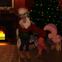 Size: 1500x1500 | Tagged: safe, artist:tahublade7, silver spoon, sweetie belle, earth pony, unicorn, anthro, plantigrade anthro, g4, 3d, boots, christmas, christmas tree, clothes, cute, daz studio, female, filly, fireplace, glasses, glomp, hat, holiday, hug, jeans, leggings, lesbian, pants, present, santa hat, ship:silverbelle, shipping, shoes, socks, sweater, tree
