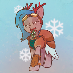 Size: 900x909 | Tagged: safe, artist:dawnfire, oc, oc only, pony, antlers, christmas, eyes closed, female, goggles, holiday, mare, mistletoe, mouth hold, reindeer antlers, smiling, snow, snowflake